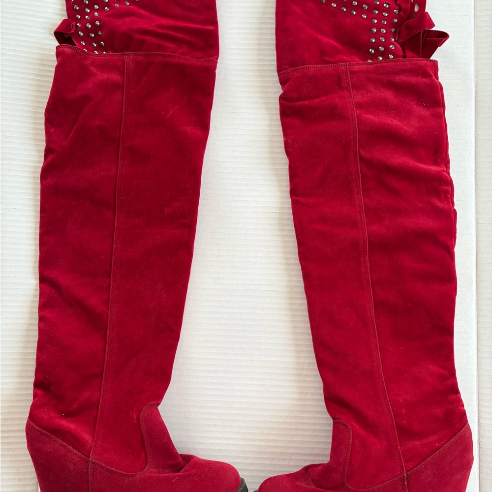 Elegant Red Studded Over-the-Knee Boots